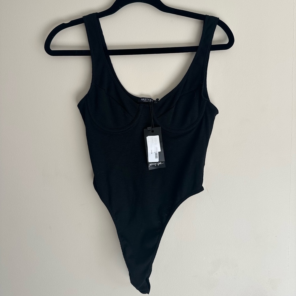 NWT Nasty Gal Underwire Thin Ribbed Black Tank Bodysuit, Size 6